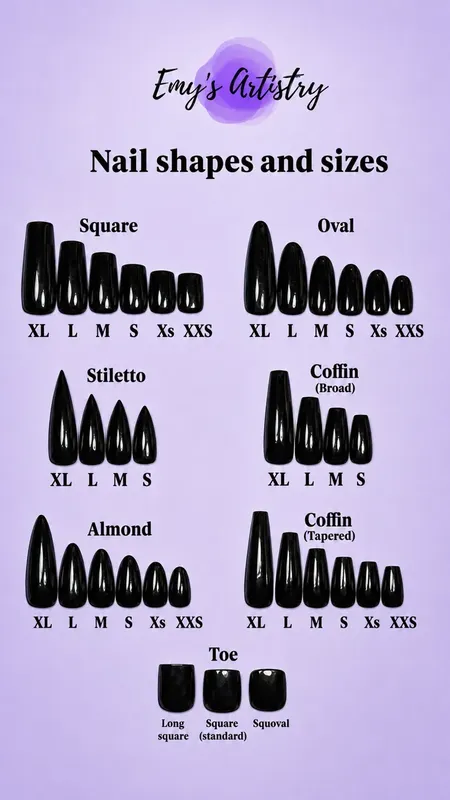 Full nail shapes and sizes reference chart