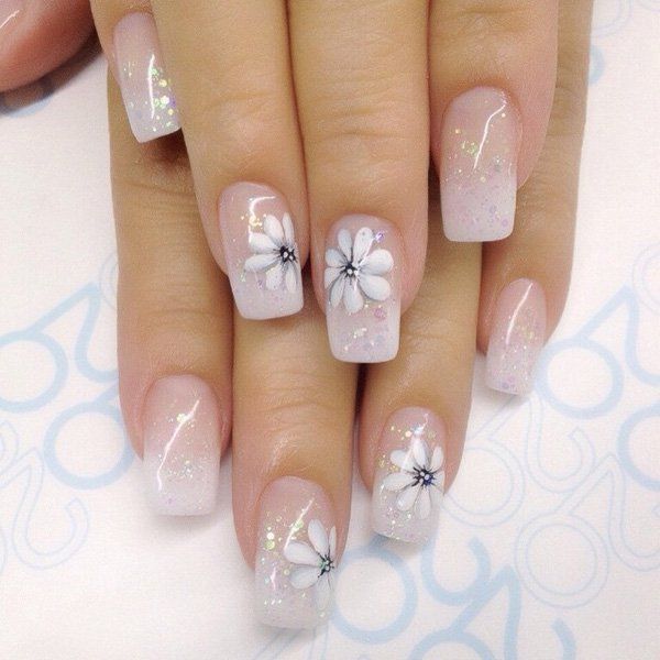 White Nails Designs with Floral Décor