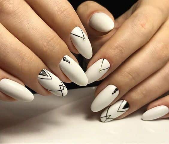 White Nails Designs with Geometric Patterns