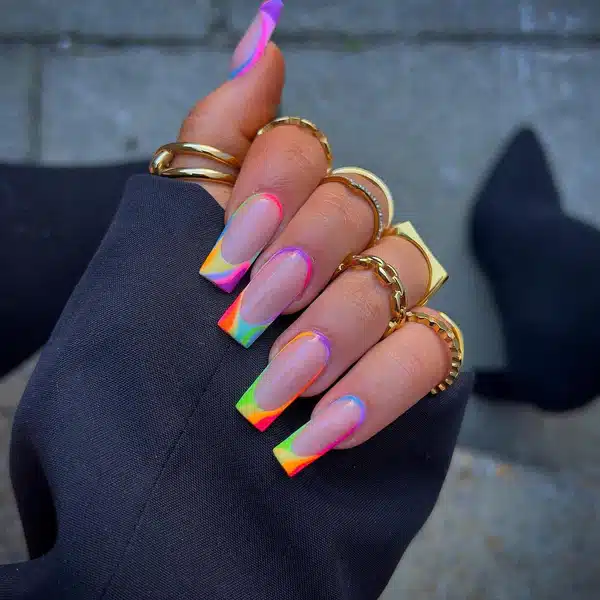 Rainbow French Tips Coffin Nails Designs