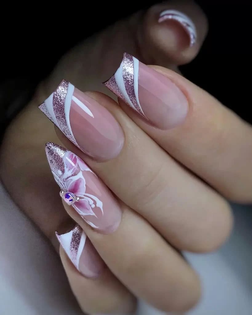 Two Tone Flower Designs on Pink and White Nails