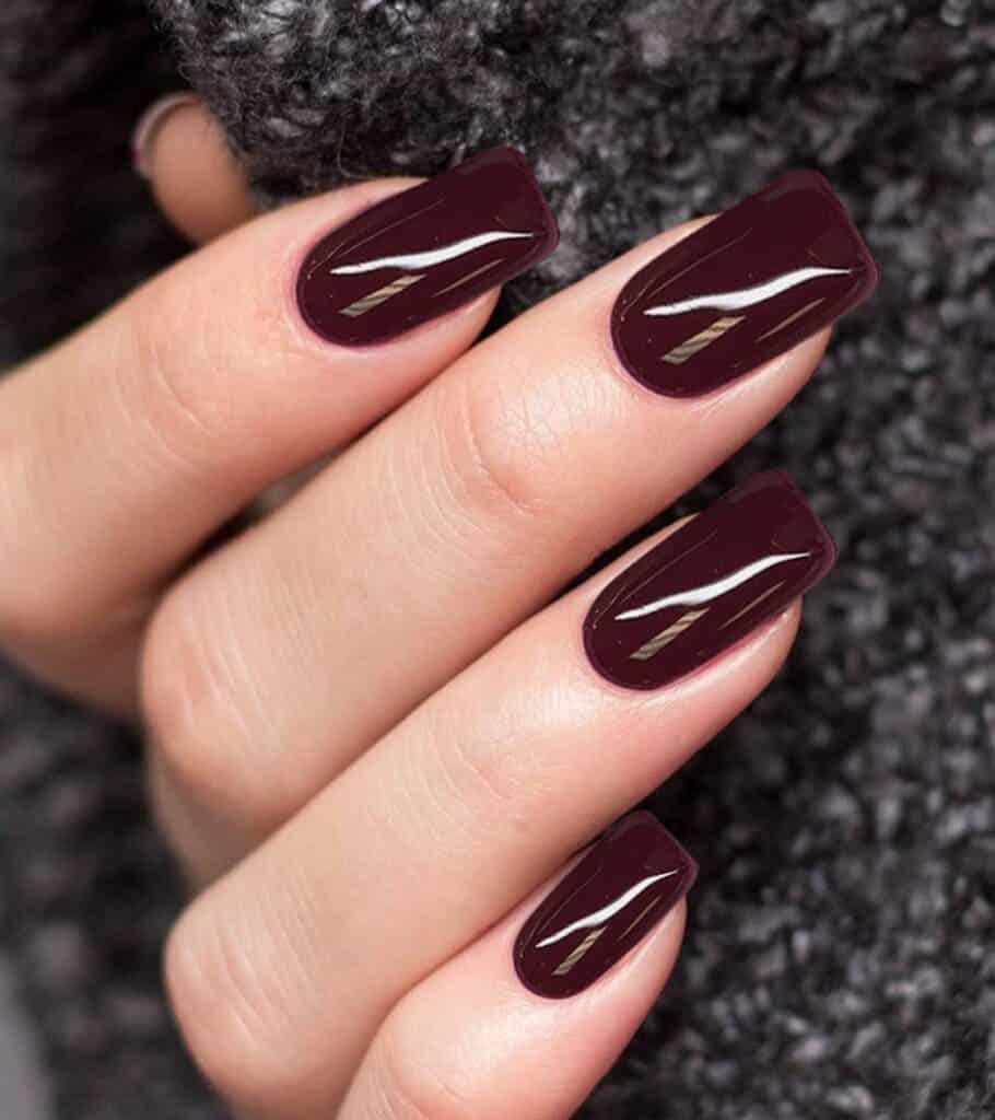 A hand showing off brownish burgundy glossy nail color x