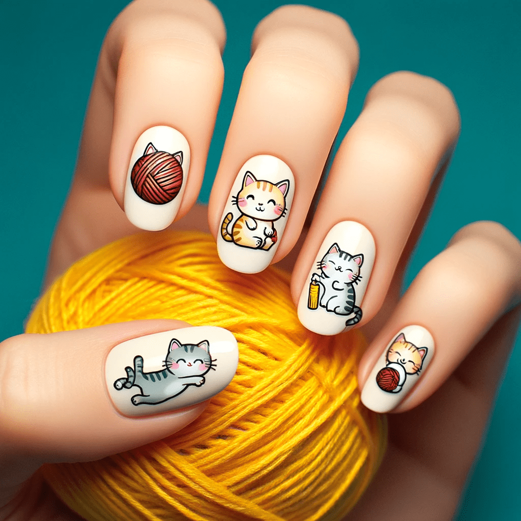A view of hands with cat nail art holding a yellow yarn ball
