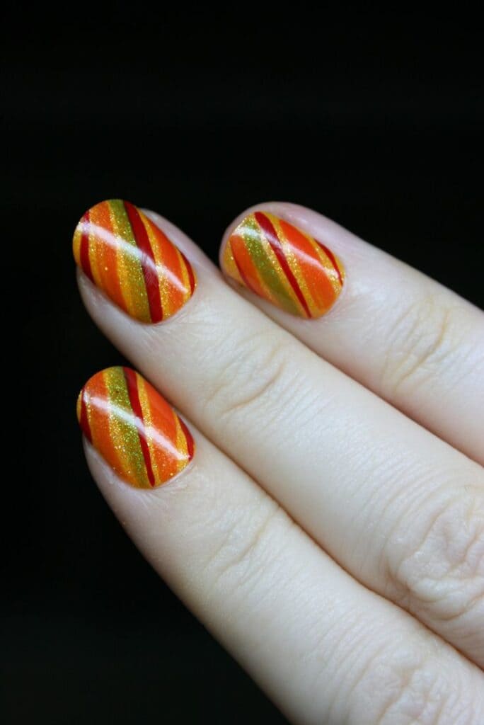 Orange and green color striped nail design x