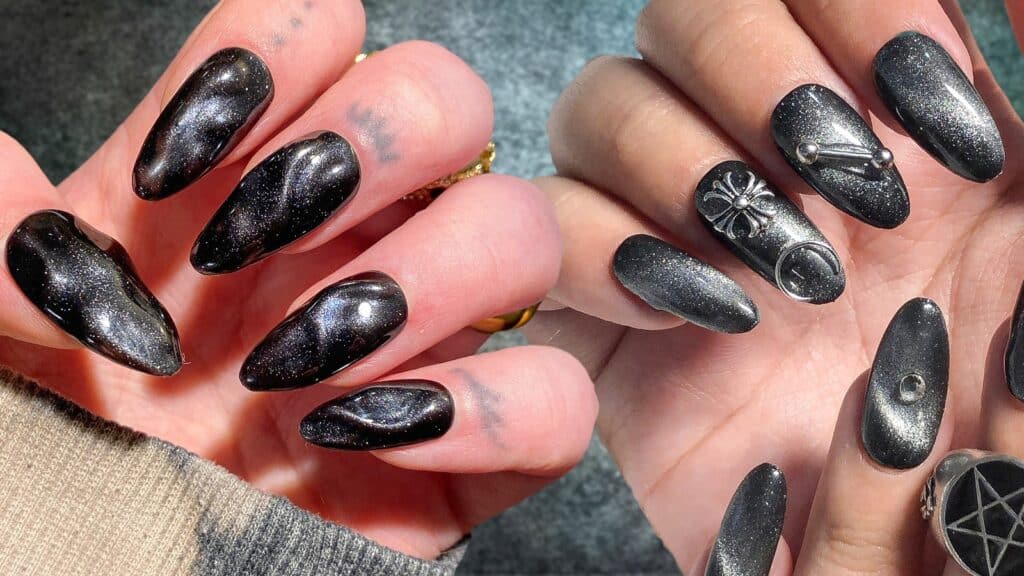 black chrome nails with embellishments x black chrome nails with embellishments x