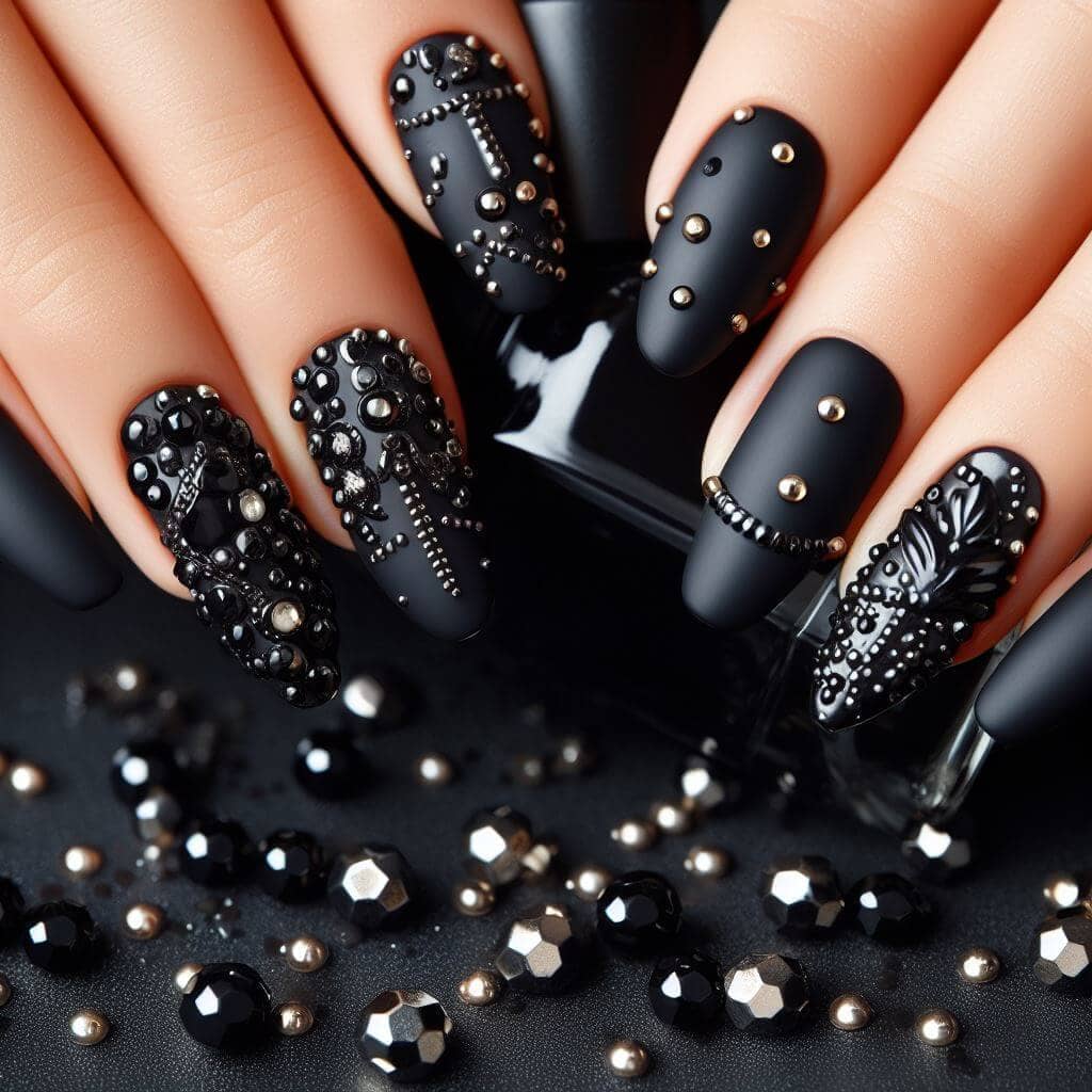 black color nail art witrh black glitters and stones n