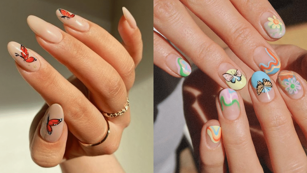 different nail arts with butterfly designs one with beige color one with colorful patterns x