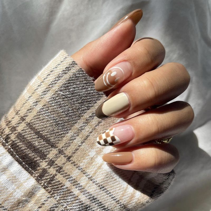 milky white and brown nails combo patterns and shapes on each nail milky white and brown nails combo patterns and shapes on each nail