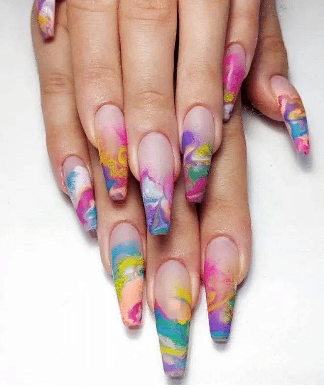 tie and dye in vibrant colors long nails