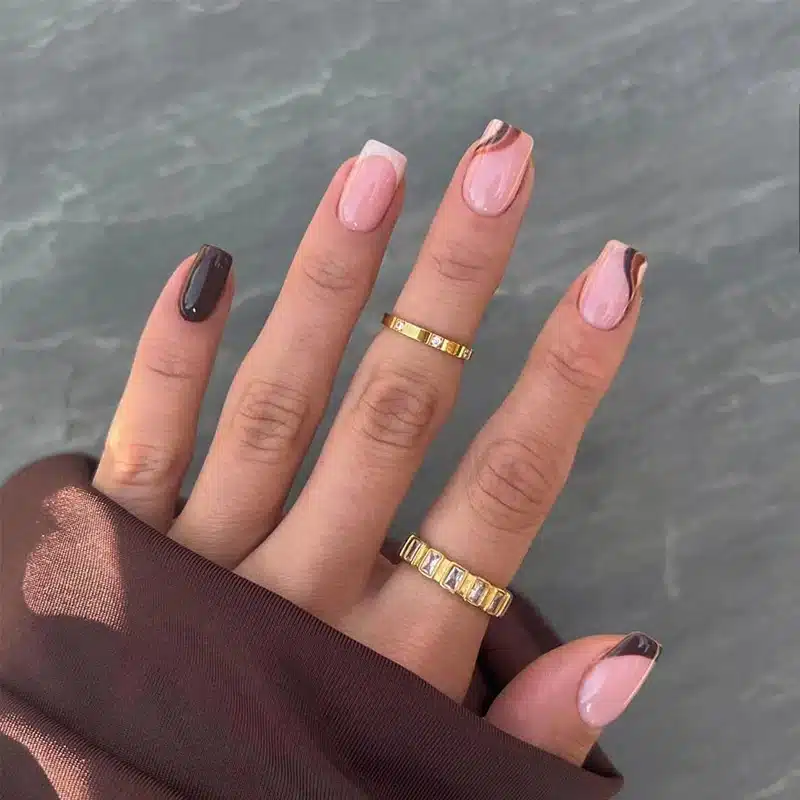 two tone brown nails tips girl wearing rings two tone brown nails tips girl wearing rings