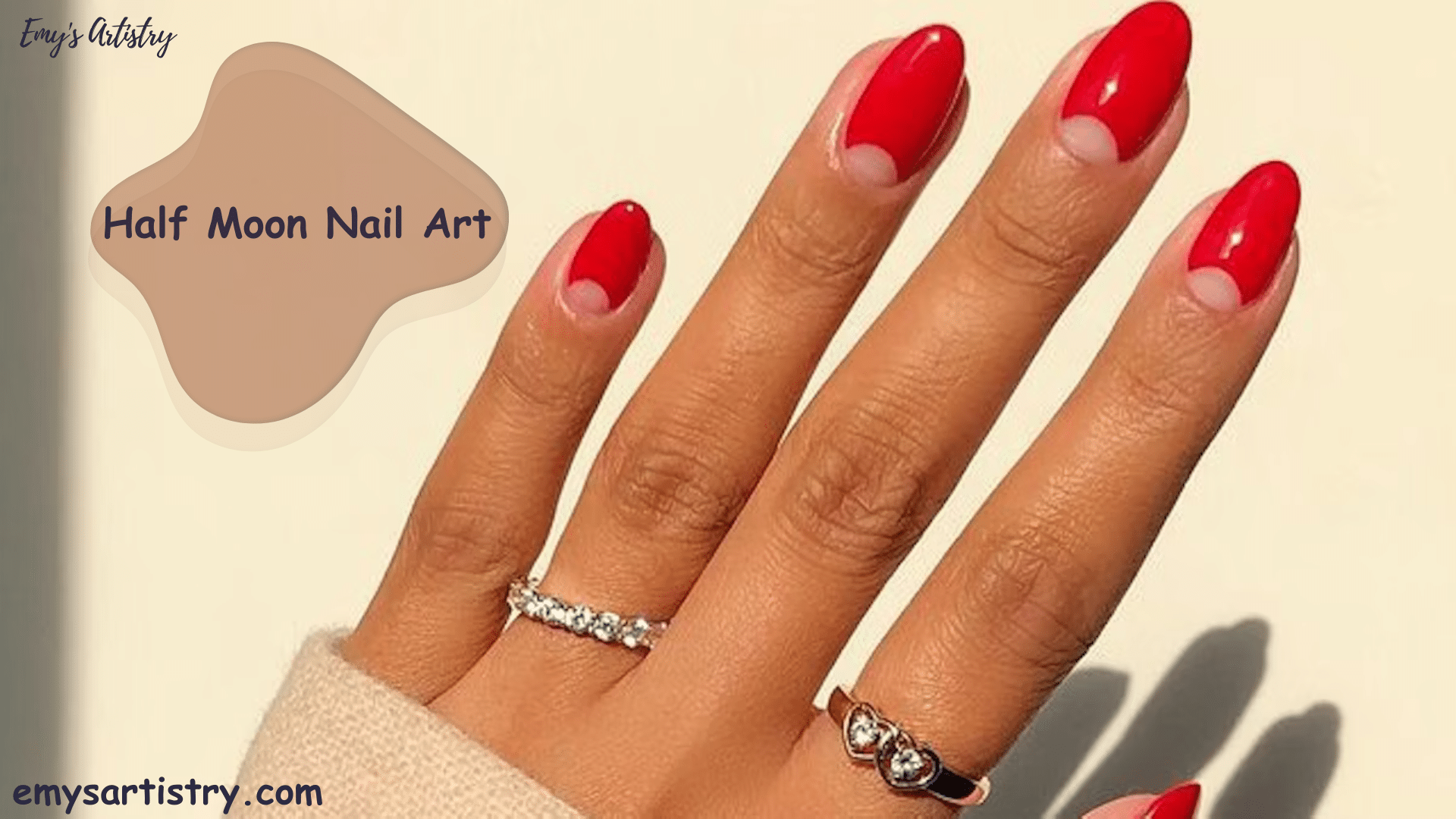 Red nails with half moon patterns on each finger