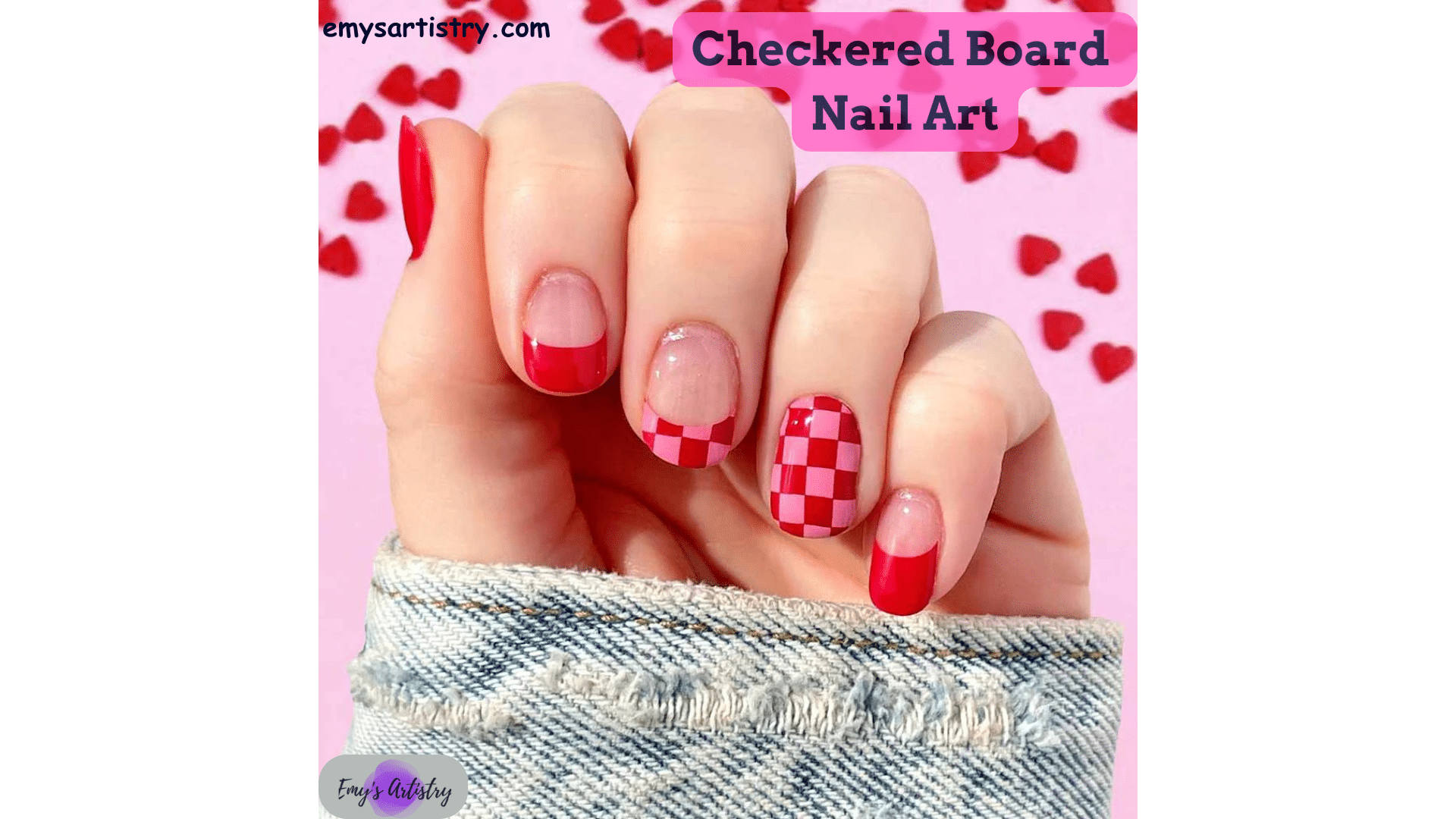 Checkered Board Nail Art on Pink Nails