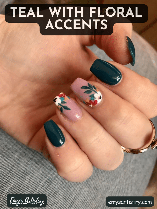 Floral accent on nails, teal nail paint