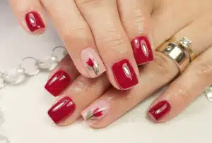 zoomed in view of pink and red nails