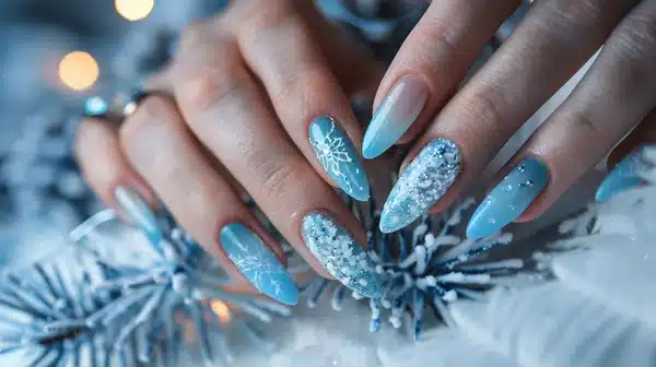 A view of icy blue nails on blue fur