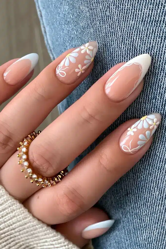 A view of white french floral nails