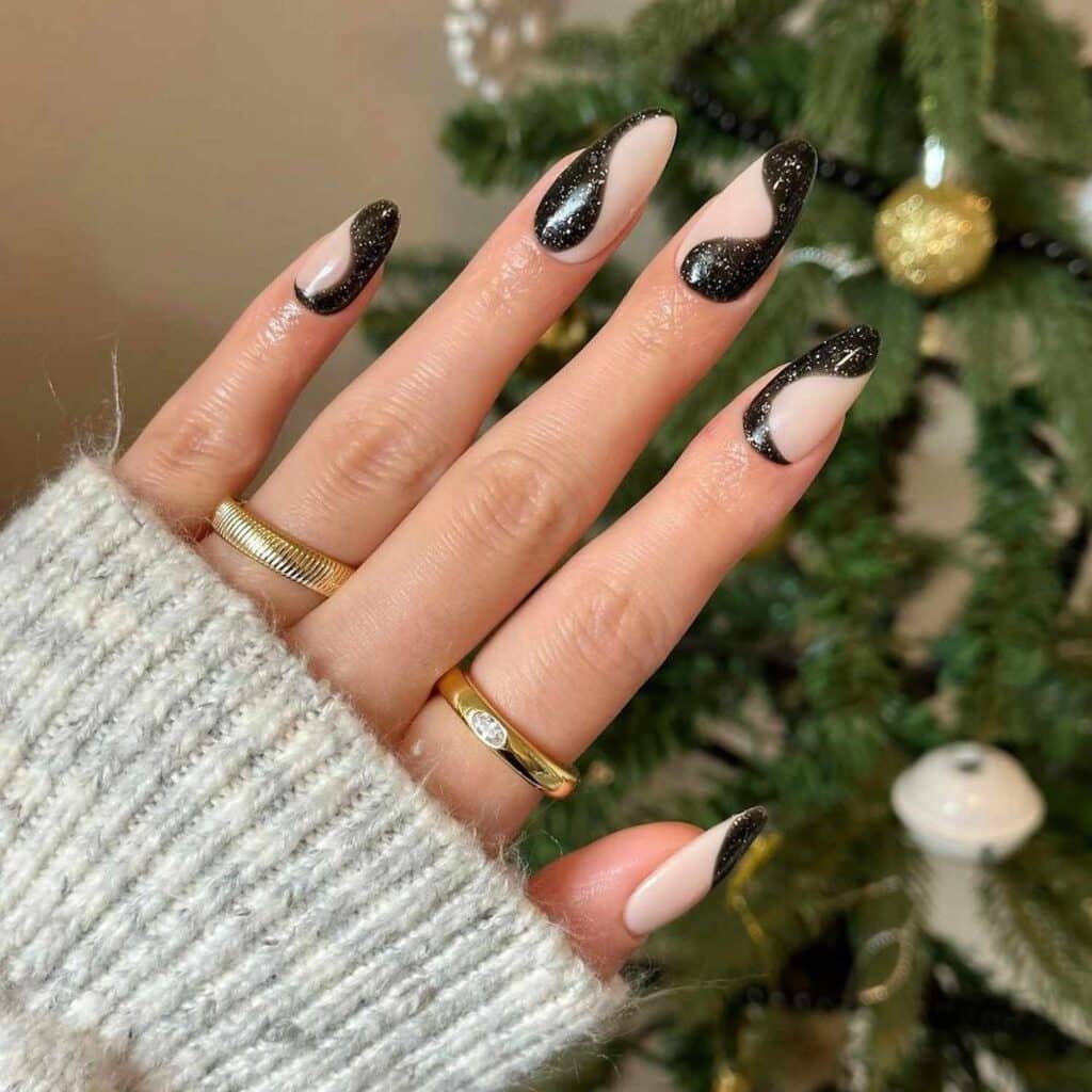 Black Glitter Swirl Accent Nails Designs