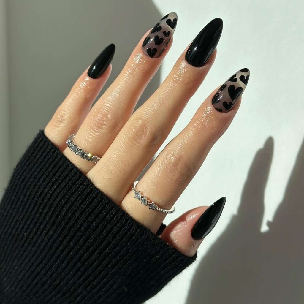 Translucent Heart Glossy Black Nail Design