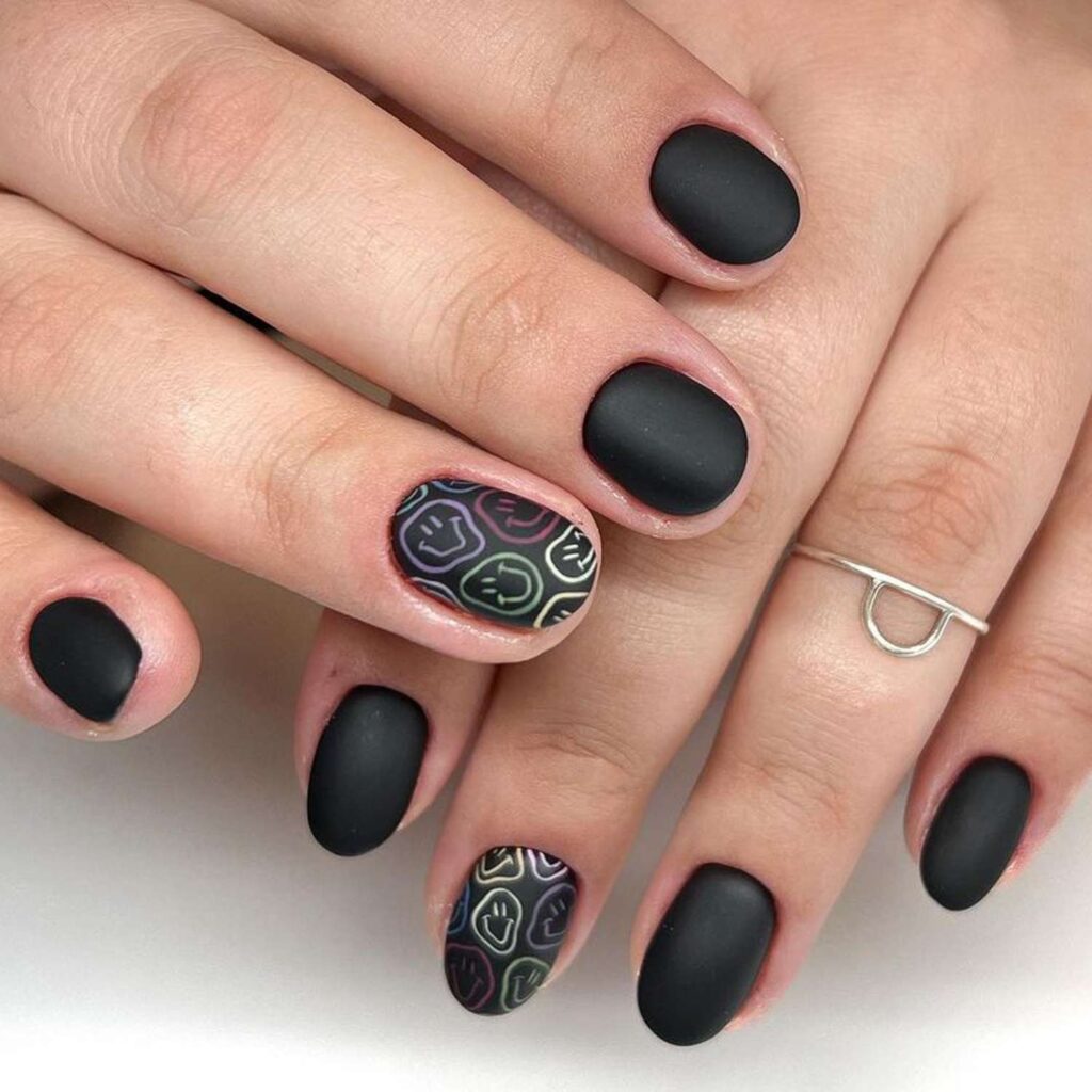 Matte Black Smiley Short Black Nail Designs