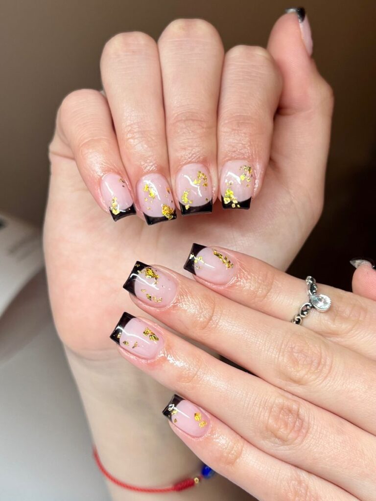 black french tips and golden leaves on short nails x black french tips and golden leaves on short nails x