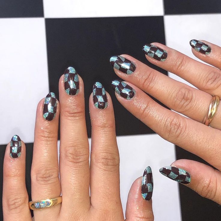 chromatic check nails in brown and blue hue chromatic check nails in brown and blue hue