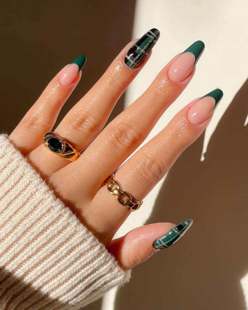 dark green nail tips with checkered accent nail x dark green nail tips with checkered accent nail x