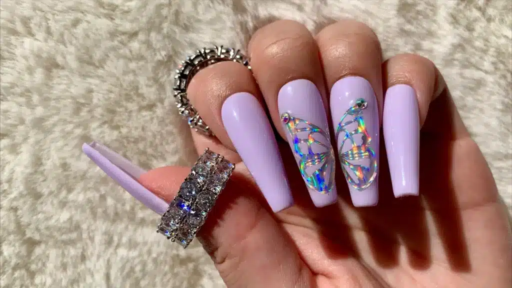 holographic butterflies on purple nails x holographic butterflies on purple nails x