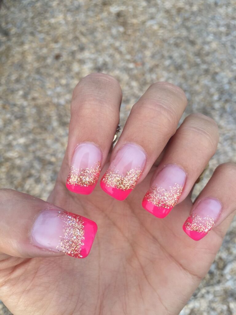 hot pink nails with gold glitter accents x hot pink nails with gold glitter accents x
