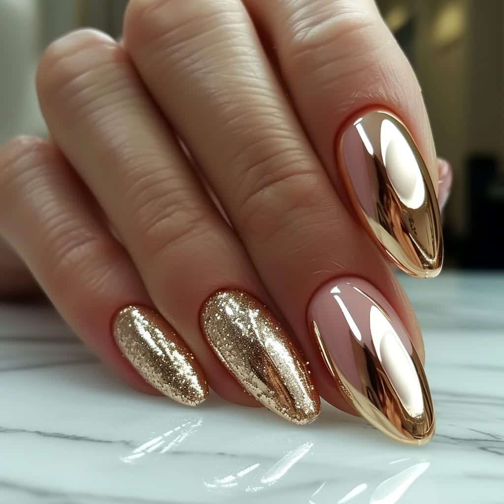 long almond nails with metallic gold nail art long almond nails with metallic gold nail art