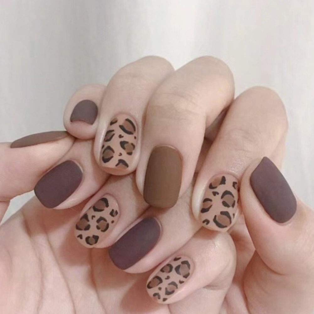 matte brown nails with leopard prints on accent nails