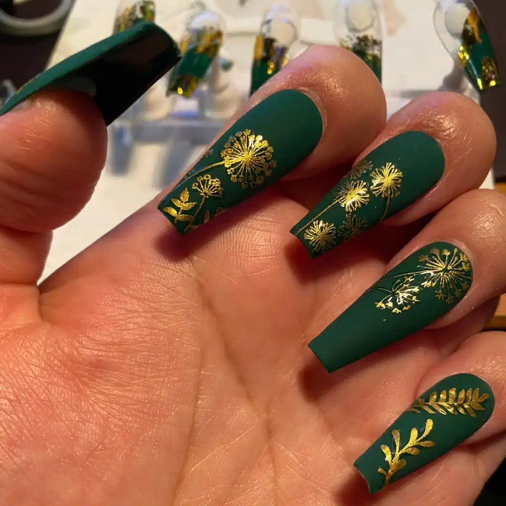 matte forest green nails with gold patterns x matte forest green nails with gold patterns x