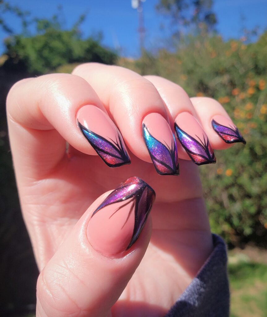 pink nails with purple french butterfly shaped tips x pink nails with purple french butterfly shaped tips x