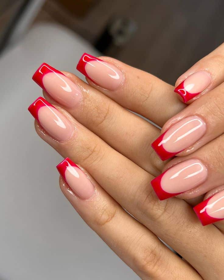 pink nails with ruby red french tips pink nails with ruby red french tips