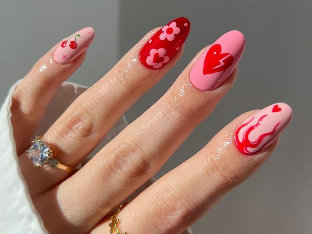 red and pink nails floral patterns on each nail x red and pink nails floral patterns on each nail x