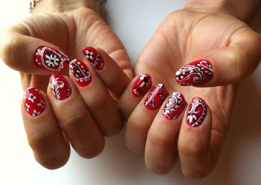red bandana nails with white and black patterns x red bandana nails with white and black patterns x