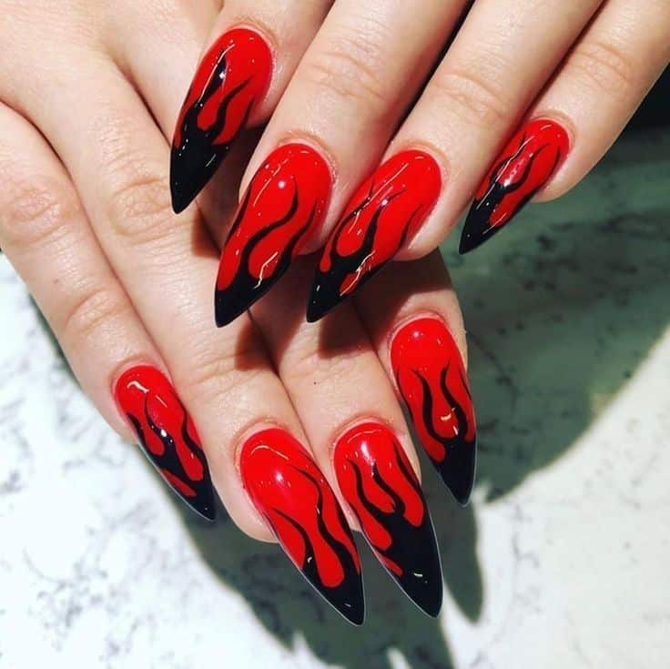red nails with black flames red nails with black flames