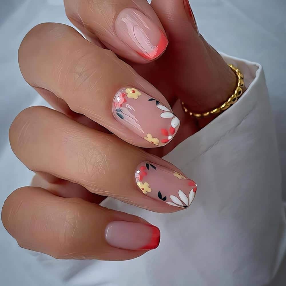 short nails with colorful floral art short nails with colorful floral art
