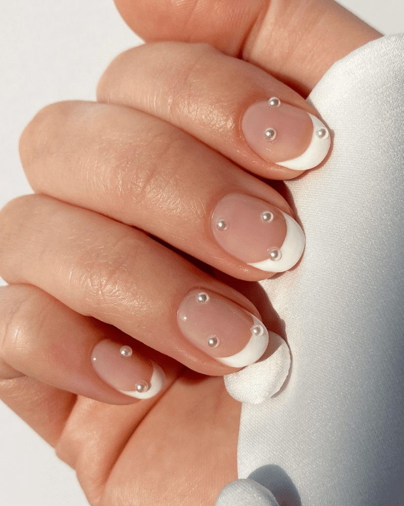 white simple rhinestones on short nails with french tips x white simple rhinestones on short nails with french tips x