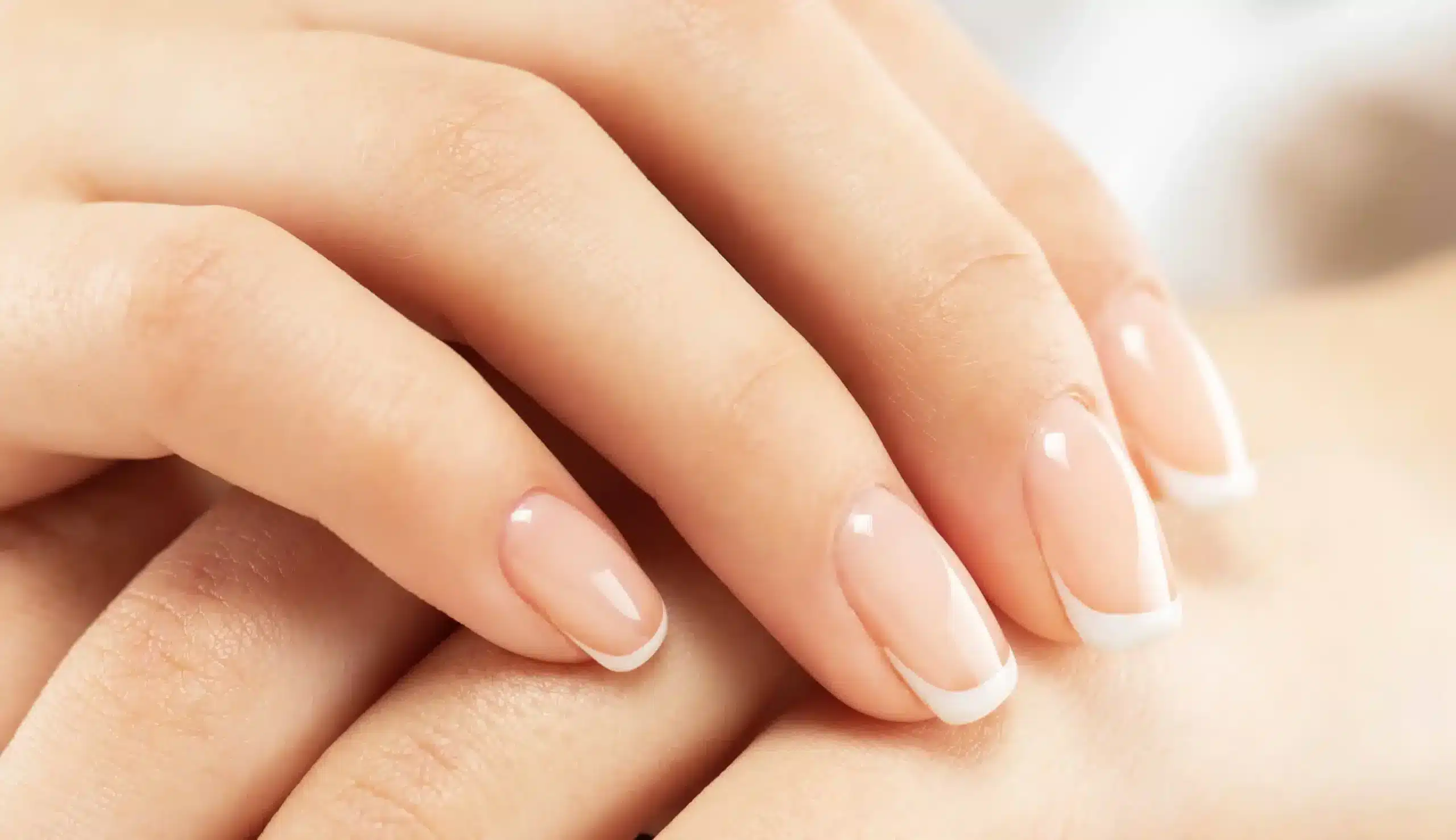 A view of a girls hands with a shiny french manicure A view of a girls hands with a shiny french manicure
