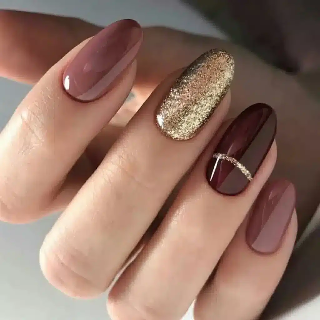 burgundy nails with one golden accent nail burgundy nails with one golden accent nail