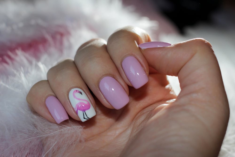female hands with pink nail paint and swan on one accent nail