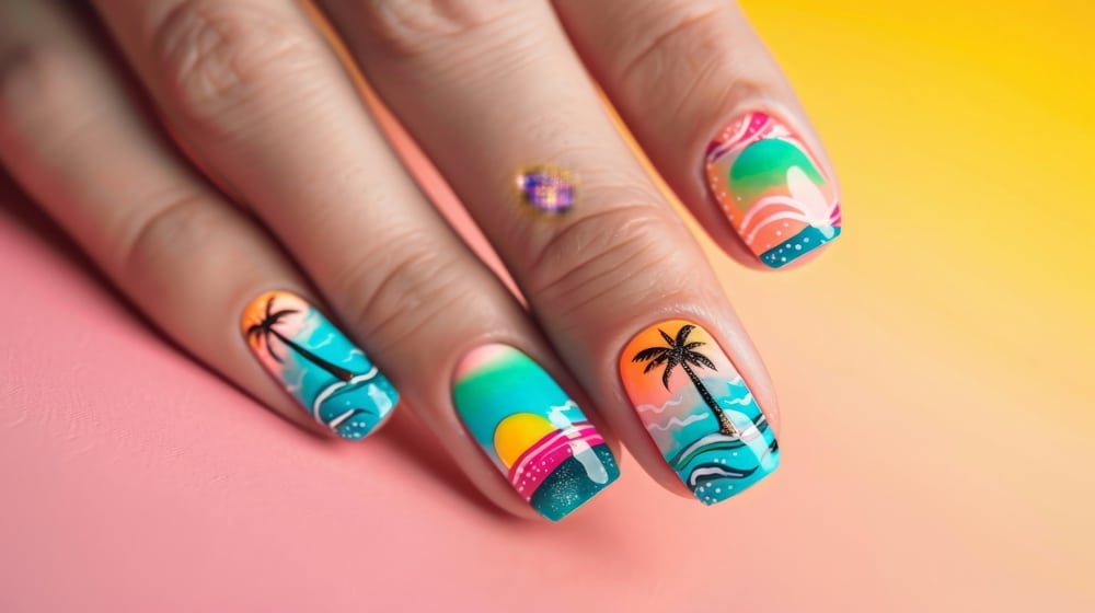 zoomed view of fingers and nails with palm tree designs