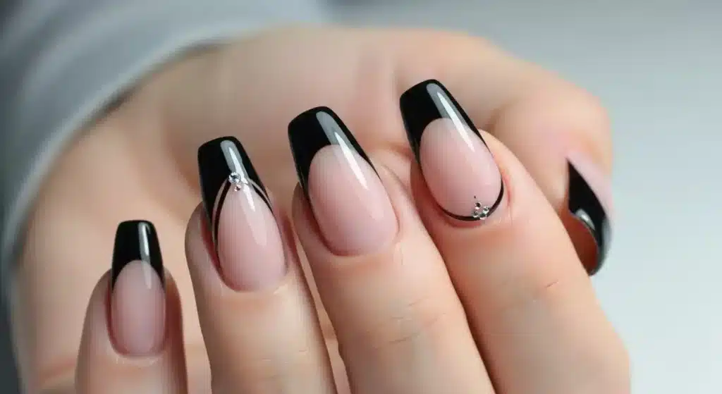 A view of a black french manicure on nails A view of a black french manicure on nails